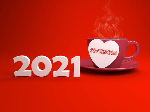 带咖啡杯的2021年新年创意设计理念 3D渲染图像 — 图库照片