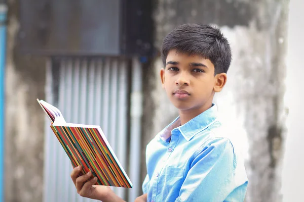 Portrait Indian Little School Boy Posing Camera Text Book — Stockfoto