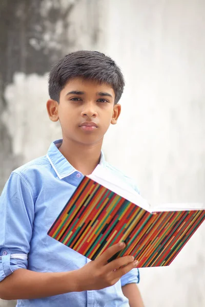 Portrait Indian Little School Boy Posing Camera Text Book — Stok Foto