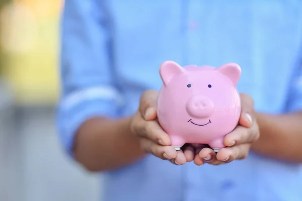 Indian Little Boy Holding Piggy Bank His Savings — Stock Photo, Image