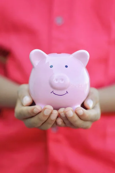 Indian Little Boy Holding Piggy Bank His Savings — Stock Photo, Image