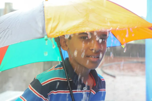 Portrait Young Boy Enjoying Rain — Stockfoto
