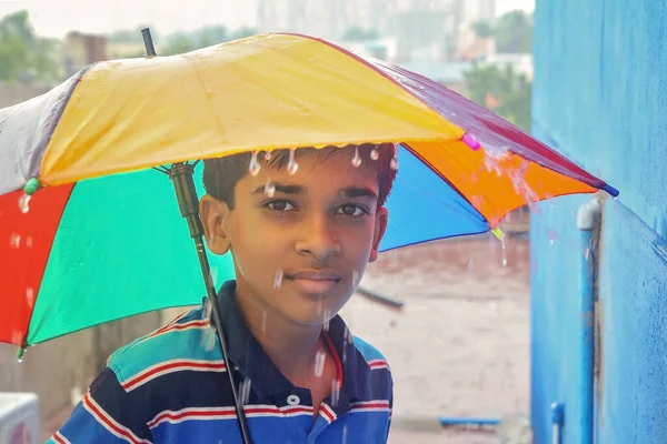 Portrait Young Boy Enjoying Rain — Stockfoto