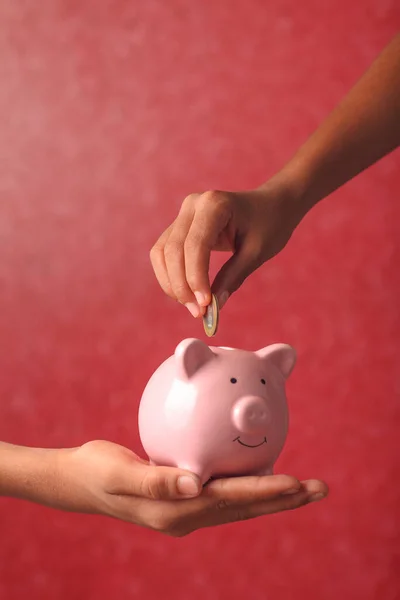 Little Boy Putting Coin Piggy Bank Saving — Stock Photo, Image