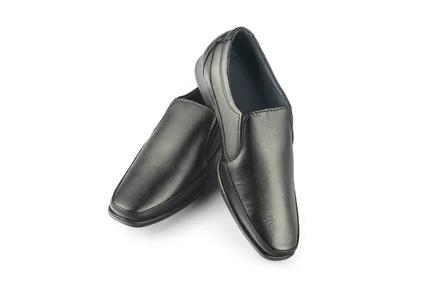 Zwarte Lederen Elegante Schoenen Grijze Achtergrond — Stockfoto