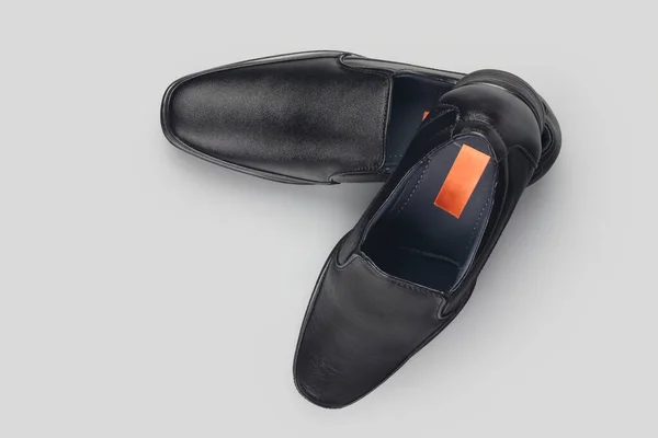 Black Leather Elegant Shoes Gray Background — Stock Photo, Image