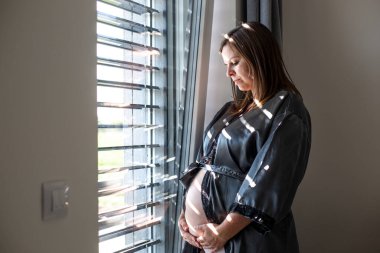 Pencereden bakan hamile bir kadın, hamilelik konsepti.