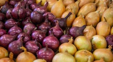 Pazar yerinde iki çeşit biyo-soğan, sebze konsepti.