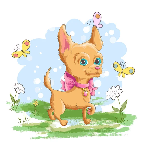 Illustration of a cute little dog with flowers and butterflies. Print for clothes or children's room