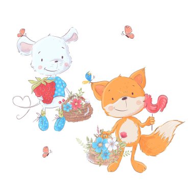 Set cartoons cute animals mouse and fox with baskets of flowers for children illustration. Vector