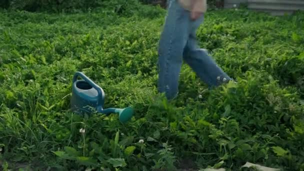 Flickan i jeans går i det gröna bytet och tar vattenkanna — Stockvideo