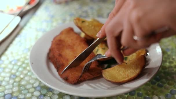 Costeleta Frango Com Crosta Batatas Fritas Uma Chapa — Vídeo de Stock