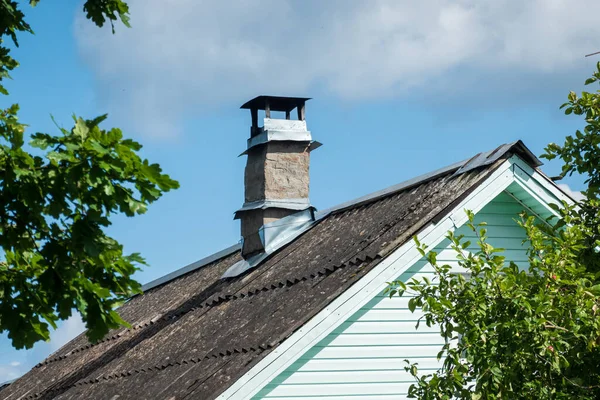 Fragment Roof Old Village House Gray Slate Chimney Part Blue — Stock Photo, Image