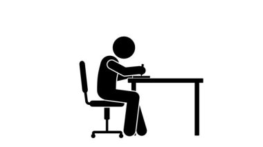 Çubuk adam masada oturmuş animasyon yazıyor.