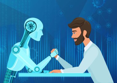 Vektör çizgi film insan işadamı ofis yöneticisi adam vs robot yapay halat Yarışması çekerek zeka. Gelecekte savaş.