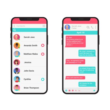 Kastamonuda ve ileti vektör illüstrasyon kavramı. Sosyal ağ messenger modern smartphone izole.