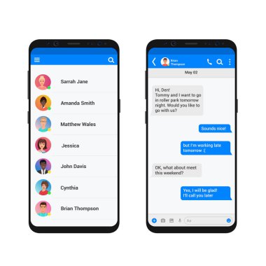 Kastamonuda ve ileti vektör illüstrasyon kavramı. Sosyal ağ messenger modern smartphone izole.