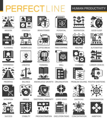 Vektör insan verimlilik klasik siyah mini kavramı simgeler ve Infographic sembolleri ayarla.