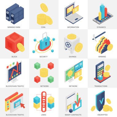 3D vektör izometrik Cryptocurrency madencilik ve Blockchain Icons set.