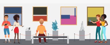 Müze ziyaret edenler insanlar Sanat Sergisi Galeri Müzesi alarak resimler arıyorum. Vektör çizim.