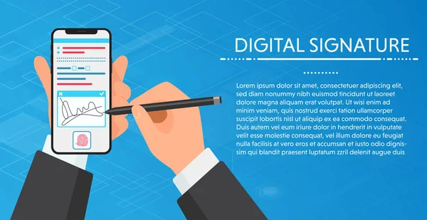 Affärsman händer signera Digital signatur på moderna smartphone. Vholding en telefon för undertecknande. Vector koncept. — Stock vektor
