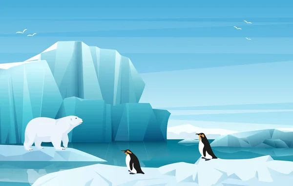 Karikatury přírody zimní polární krajina s ledovými horami spojenými mrazem. Bílý medvěd a tučňáci. Vektorové ilustrace styl hry. — Stockový vektor