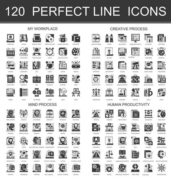 120 My workplace, creative process, mind process human productivity classic black mini concept symbols. Vector modern icon pictogram illustrations set. — Stock Vector