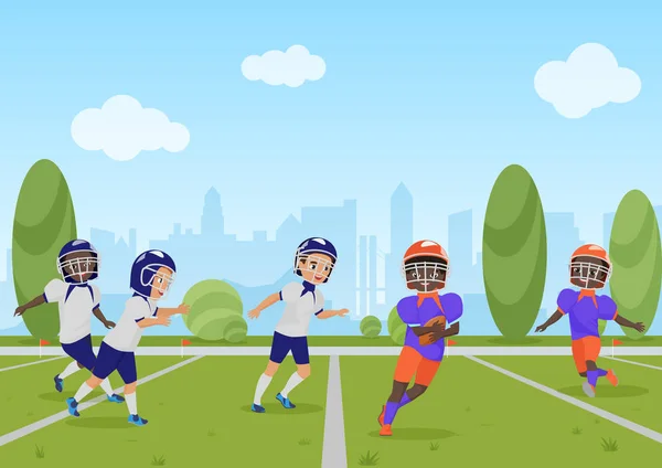 Crianças crianças jogando futebol americano jogo. Desenho de desenho animado ilustração vetorial . — Vetor de Stock
