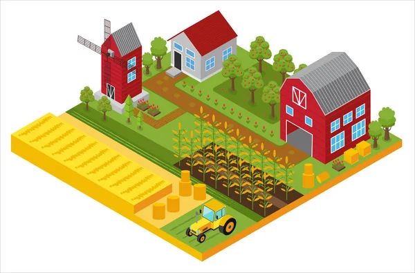Ländliche 3D-Farm isometrische Vorlage mit Mühle, Garten, Bäumen, landwirtschaftlichen Fahrzeugen, Bauernhaus und Gewächshaus Spiel oder App Vektor Illustration. — Stockvektor
