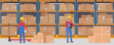 Vector warehouse Interior with working people. Logistic Delivery Cargo service banner concept clipart