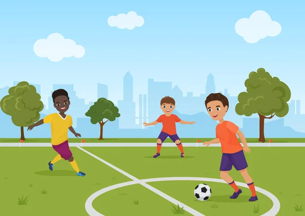 Παιδιά αγόρια που παίζουν ποδόσφαιρο ποδόσφαιρο. Εικονογράφηση διάνυσμα. — Διανυσματικό Αρχείο