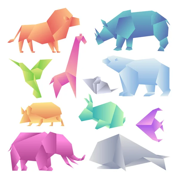 Baixo poli moderno conjunto de animais gradiente. Origami animais de papel gradiente. Leão, rinoceronte, beija-flor, girafa, rato, urso, ouriço, lebre, peixe, elefante, baleia . — Vetor de Stock