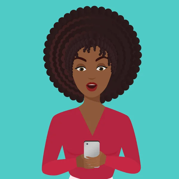 Şık sürpriz Afrika kökenli Amerikalı siyah genç kadın ofis ile smartphone. Kız Smartphone vasıl. — Stok Vektör