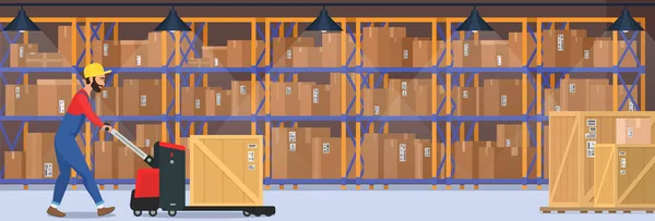 Interior moderno del vector del almacén con mercancías, transpaletas y trabajador industrial que lleva la caja de dalivery . — Archivo Imágenes Vectoriales