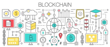 Blockchain kavramı şablonu düz çizgi vektör tasarımı. Bankacılık finans ödeme teknolojisi Bitcoins cryptocurrency.