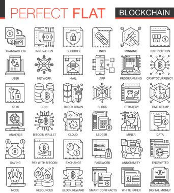 Blockchain anahat mini kavramı sembolleri. Bitcoin, ethereum cryptocurrency modern kontur doğrusal stil illüstrasyonlar kümesi.