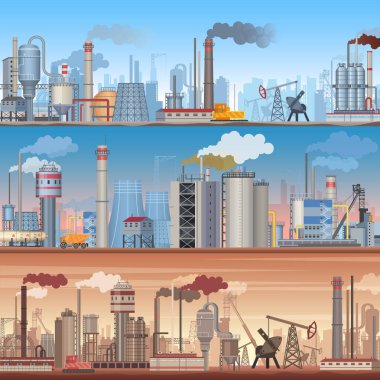 Gerçekçi detaylı endüstriyel web banner arka planlar kümesi. Vektör endüstriyel fabrika Infographic şablonları.