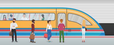 Tren ve Metro İstasyonu insanlarda Metro metro platformuyla. Yolcular ile kentsel metro vektör kavramı.