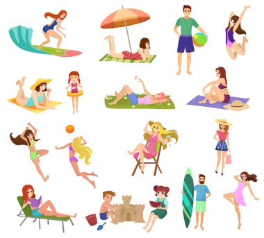 Vektör Anime tarzında güzel gençler ve çocuklar izole kumsalda ayarlayın. Oynarken, koşu, sörf ve rahatlatıcı.