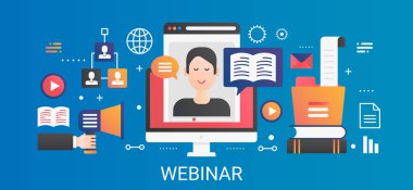 Modern vektör düz degrade Webinar kavramı Şablon afiş simge ve metin ile.