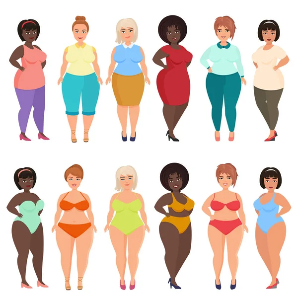 Vector bonito desenho animado feliz e sorridente mulher plus size em casual, biquíni, vestido de moda e noite. Curvy, mulheres com excesso de peso definido . —  Vetores de Stock