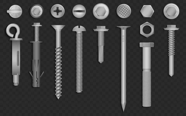 Vis vectorielles 3D réalistes, écrous, boulons, rivets et clous pour fixation et fixation sur fond noir alpha transperant . — Image vectorielle