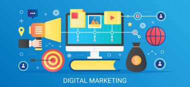 Modern vektör simge ve metin ile kavram şablon banner pazarlama degrade dijital düz.