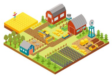 3D izometrik kırsal çiftlik değirmen, Bahçe alanı, ağaçlar, traktör birleştirmek hasat, ev, yel değirmeni ve ambar app ve oyun için vektör.