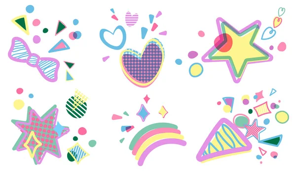 Conjunto de vetores de elementos de design decorativo festa de aniversário. Design de ícones de desenhos animados plana simples. Estrelas, corações, boom . —  Vetores de Stock