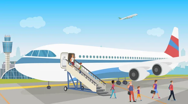 Ανθρώπους αποβίβαση από το αεροπλάνο στο αεροδρόμιο. Αποβίβασης. Εικονογράφηση διάνυσμα. — Διανυσματικό Αρχείο