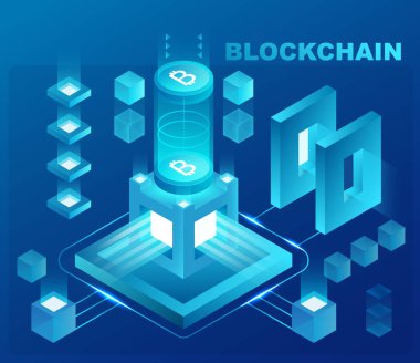 Cryptocurrency ve blockchain izometrik kavramı. Veri Merkezi, bulut veri depolama desteklenmektedir. Web tasarım, tanıtım afiş.