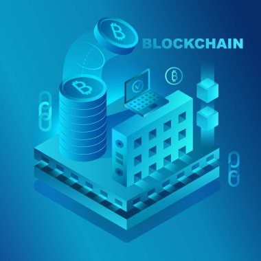 Büyük veri merkezi, cryptocurrency ve blockchain izometrik kompozisyon banner şablon kavram vektör çizim.