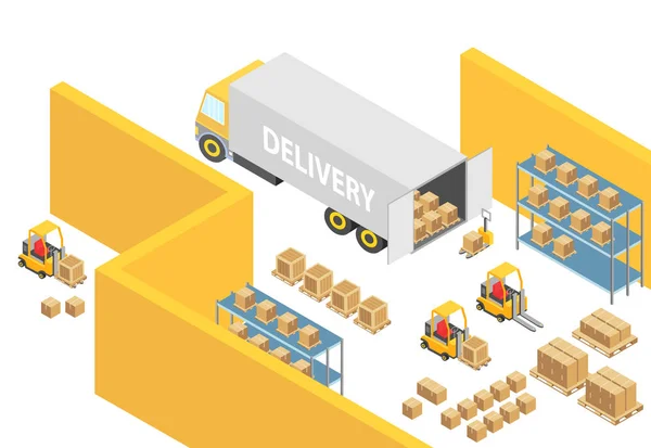 Magazijn isometrische 3d warehouse interieur kaart illustratie met logistiek vervoer en levering voertuigen. Lader forklift trucks, mensen en levering vakken. Lading bedrijf infographic vector sjabloon. — Stockvector