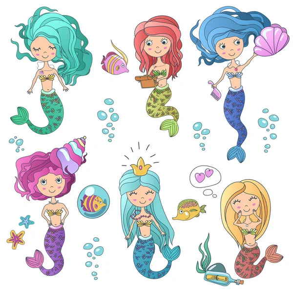 Güzel şirin sirenler deniz kızları deniz unsurları ile ayarlayın. Vektör çizim siren deniz kızı renkli el çekilmiş. — Stok Vektör